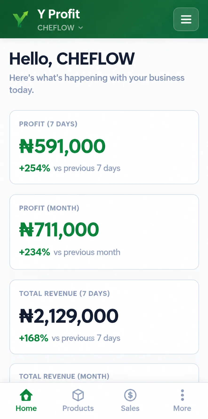 Y Profit mobile dashboard showing revenue overview